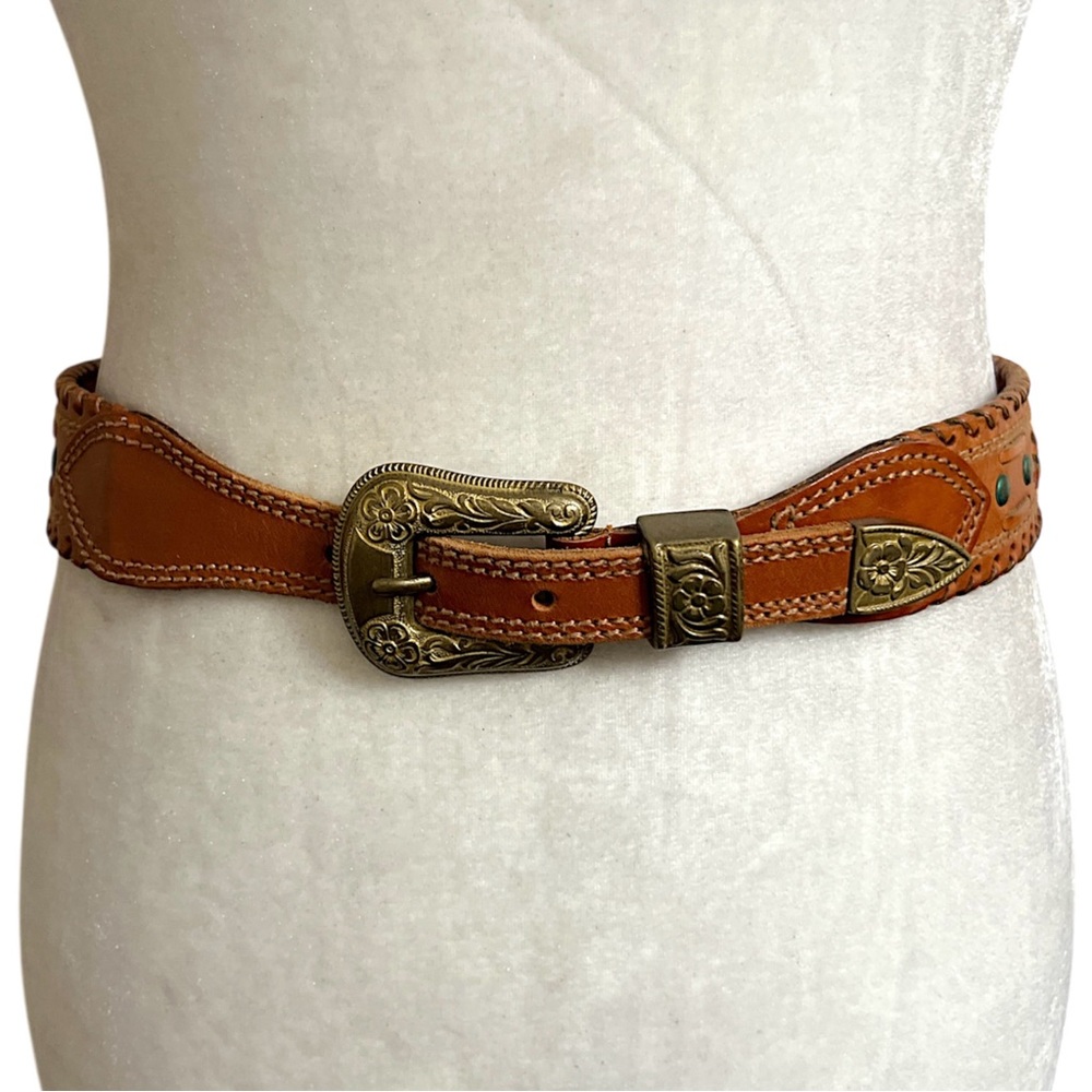 Vintage DKNY Western Leather Belt Whipstitch Boho Y2K Floral Buckle - Picture 2 of 10